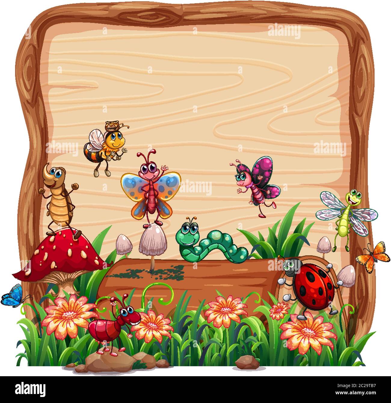 Blank wooden board in nature with animal garden isolated illustration ...