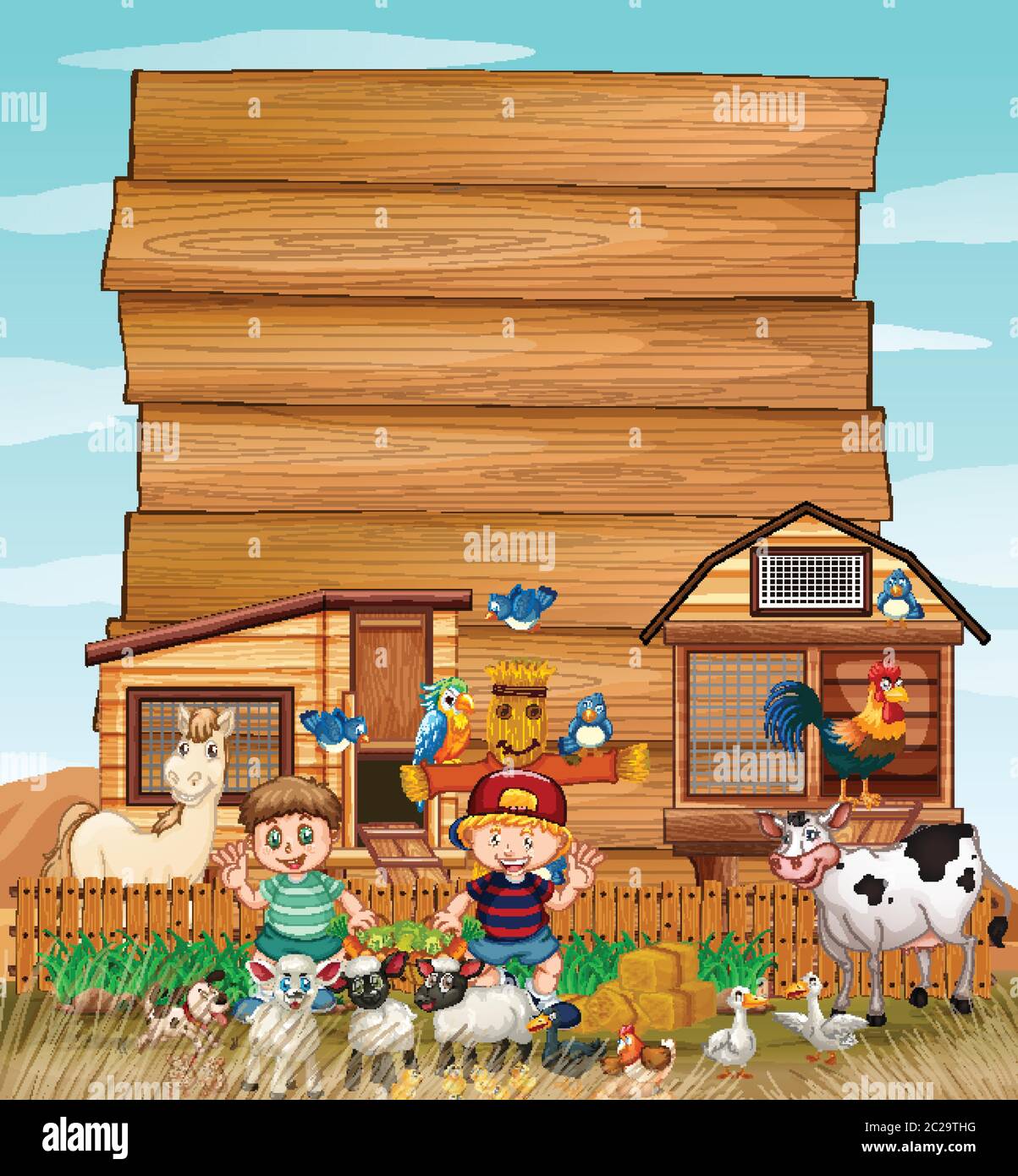 Blank wood sign in organic farm with animal farm set illustration Stock ...