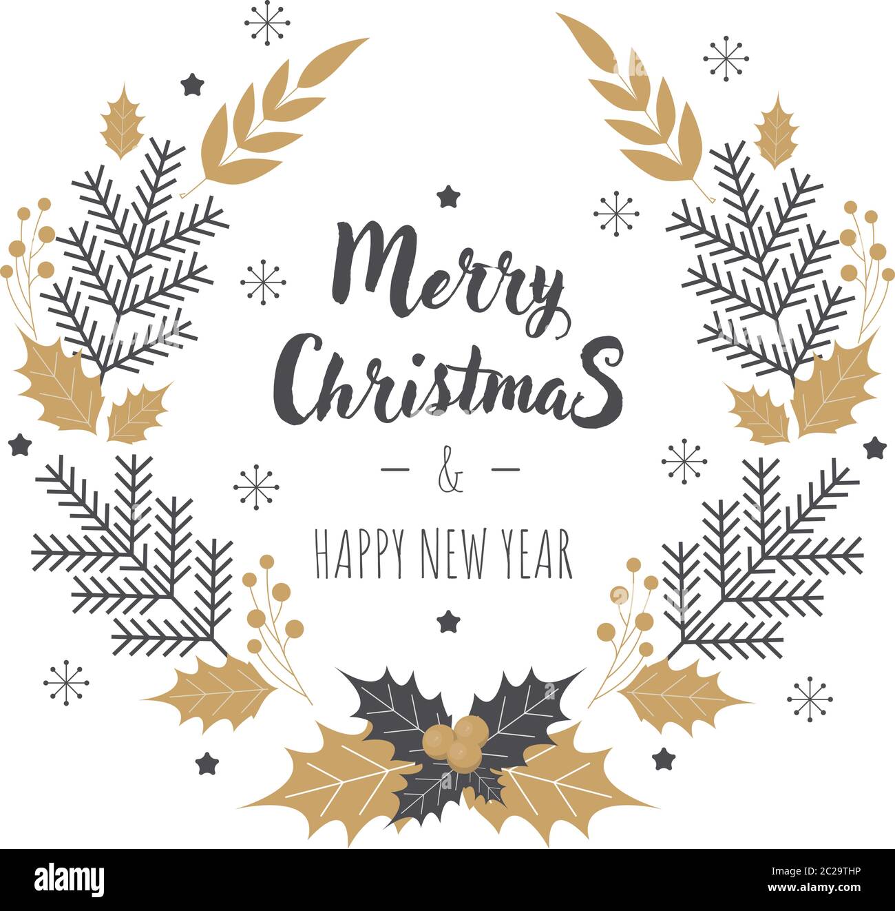 Christmas wreath with black and gold fir branches and holly. Vector ...