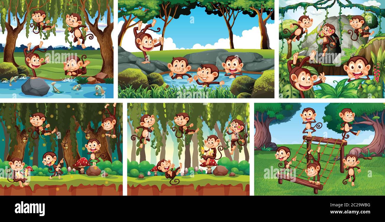 Set of playful monkey in nature background illustration Stock Vector ...