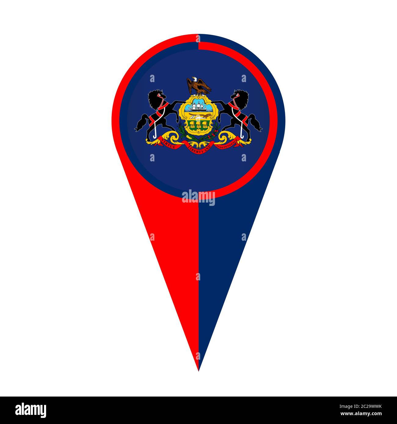 Pennsylvania state map pointer pin icon location flag marker Stock