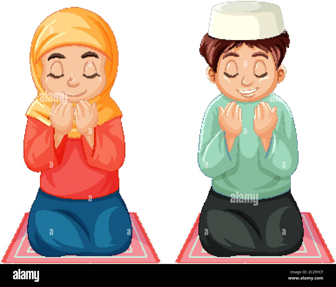 Arab muslim boy and girl in traditional clothing praying sitting position isolated on white background illustration Stock Vector