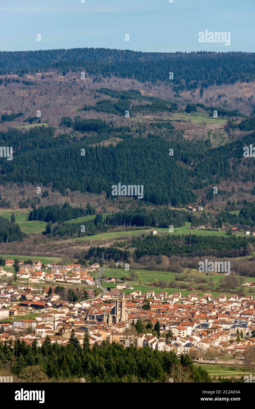 Aerial view of Ambert city, Regional Nature Park of Livradois Forez . Puy de Dome. Auvergne. France Stock Photo