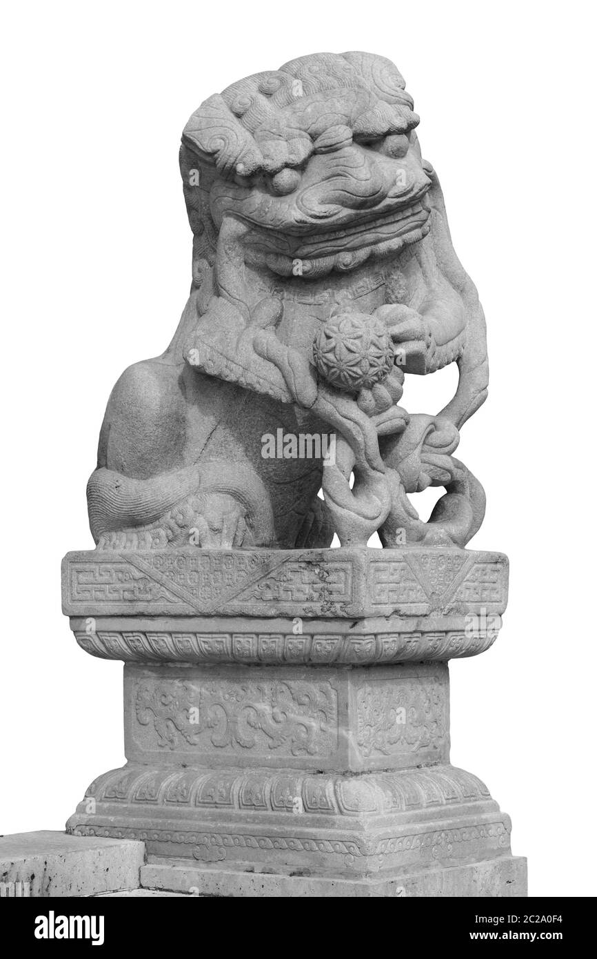 Lion marble face, Chinese Lion, stone carving sculpture, the symbol of Power, by Chinese. Stone Lion sculpture. Sculpture of Chi Stock Photo