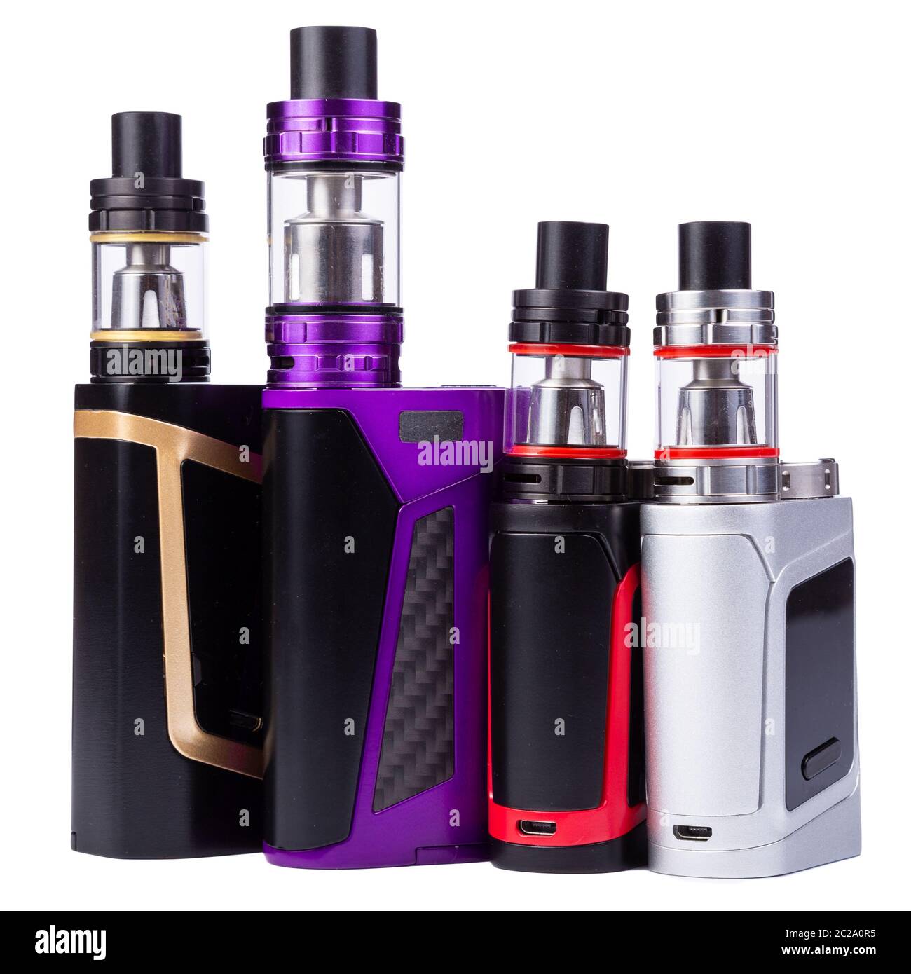 Vaping device, electronic cigarette, nicotine free vape isolated on the white background. Vapor box mod tank with vaping liquid. Stock Photo