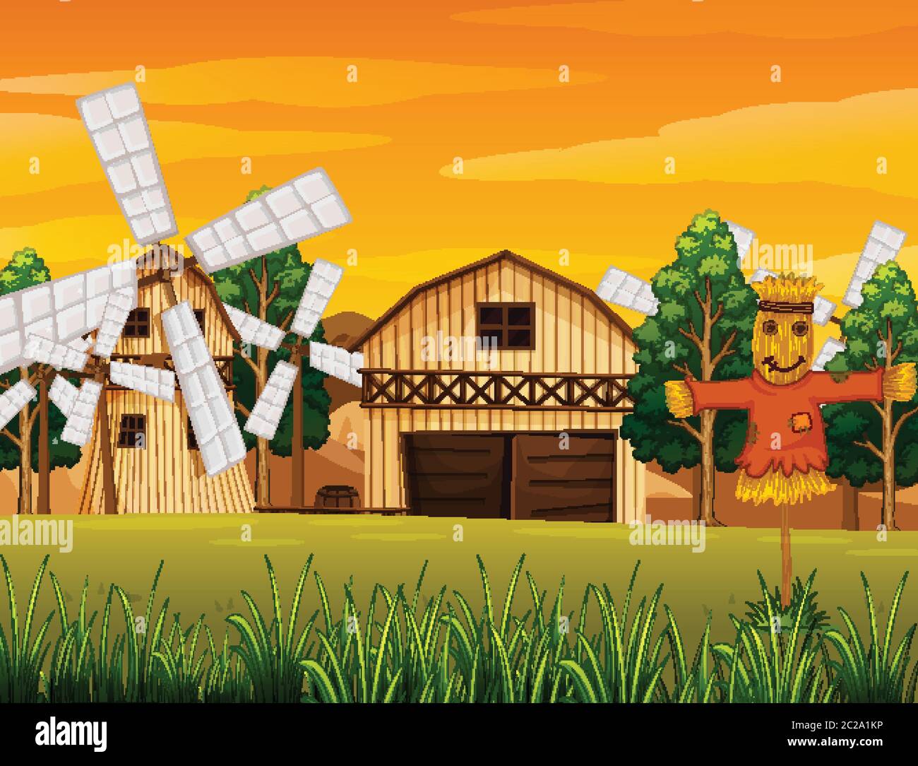 Farm scene in nature with barn and windmill and scarecrow illustration ...