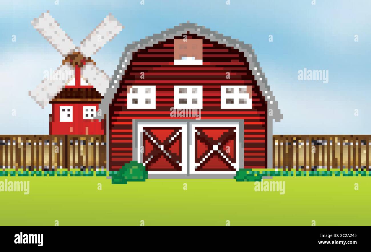 Farm scene in nature with barn and windmill illustration Stock Vector ...