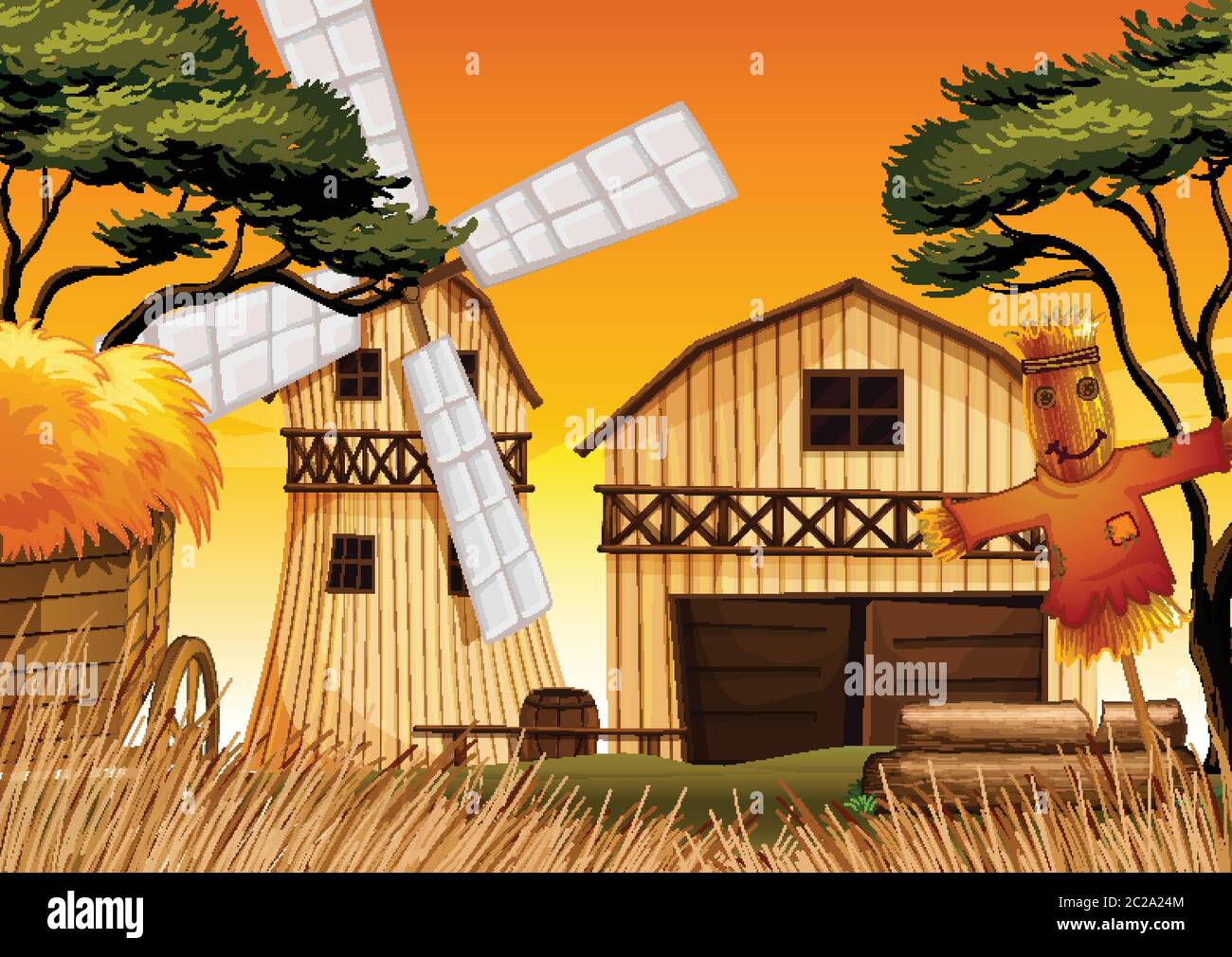 Farm scene in nature with barn and windmill and scarecrow illustration ...