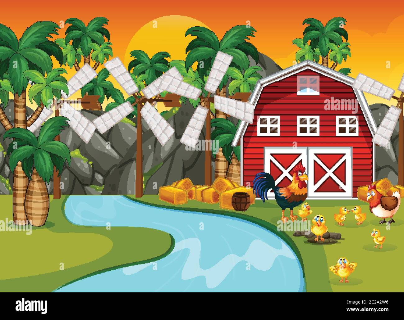 Farm scene in nature with barn and river and chicken illustration Stock ...