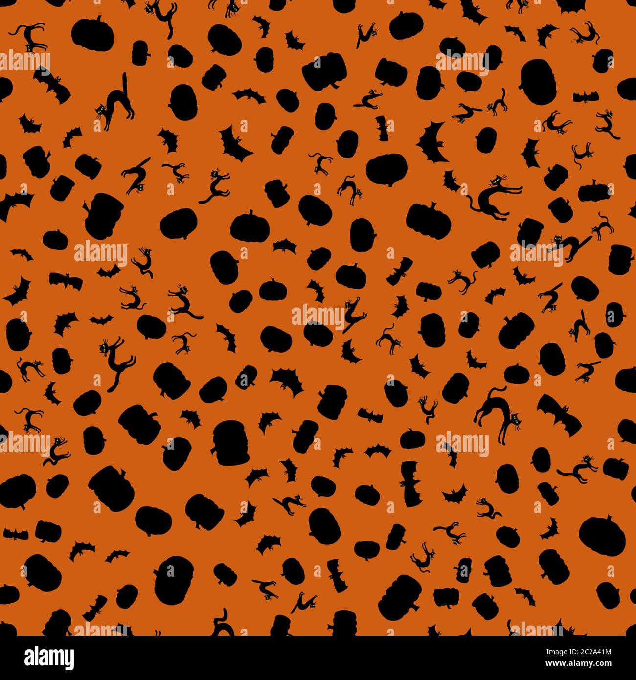 halloween seamless pattern - black silhouettes on orange background ...