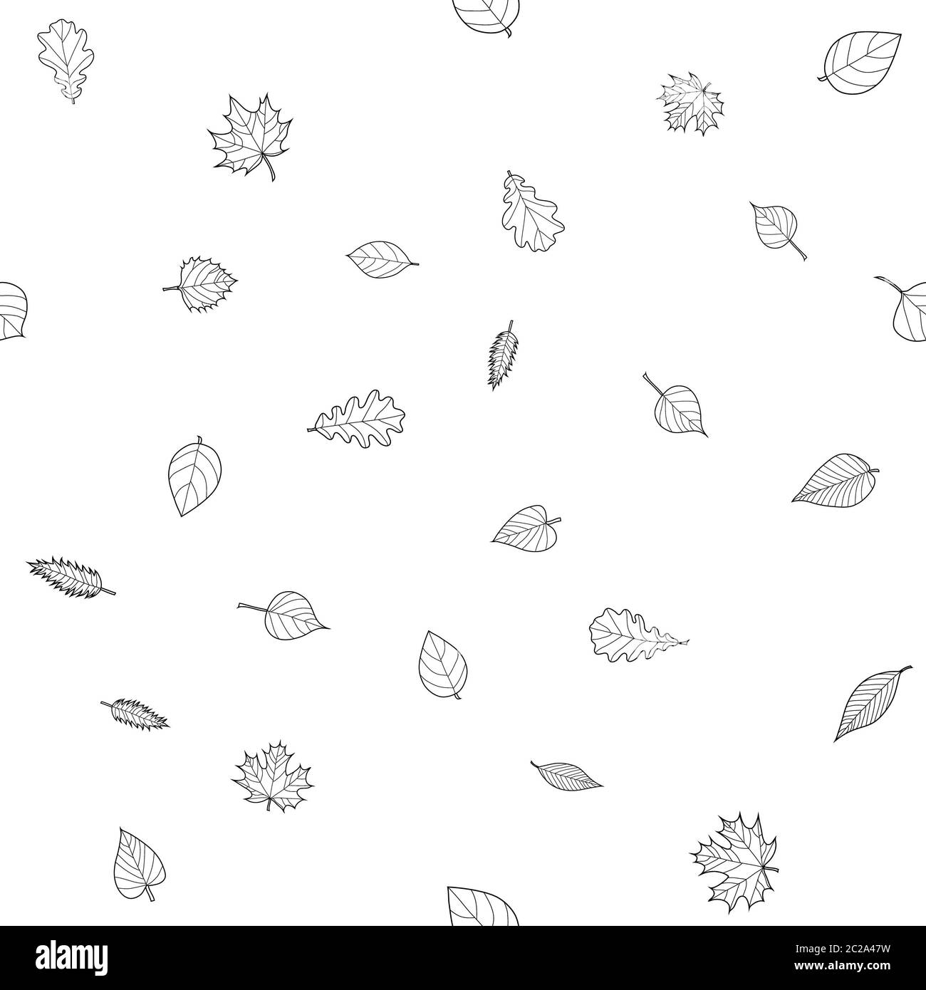 abstract doodle autumn leaves seamless pattern - black and white, for ...