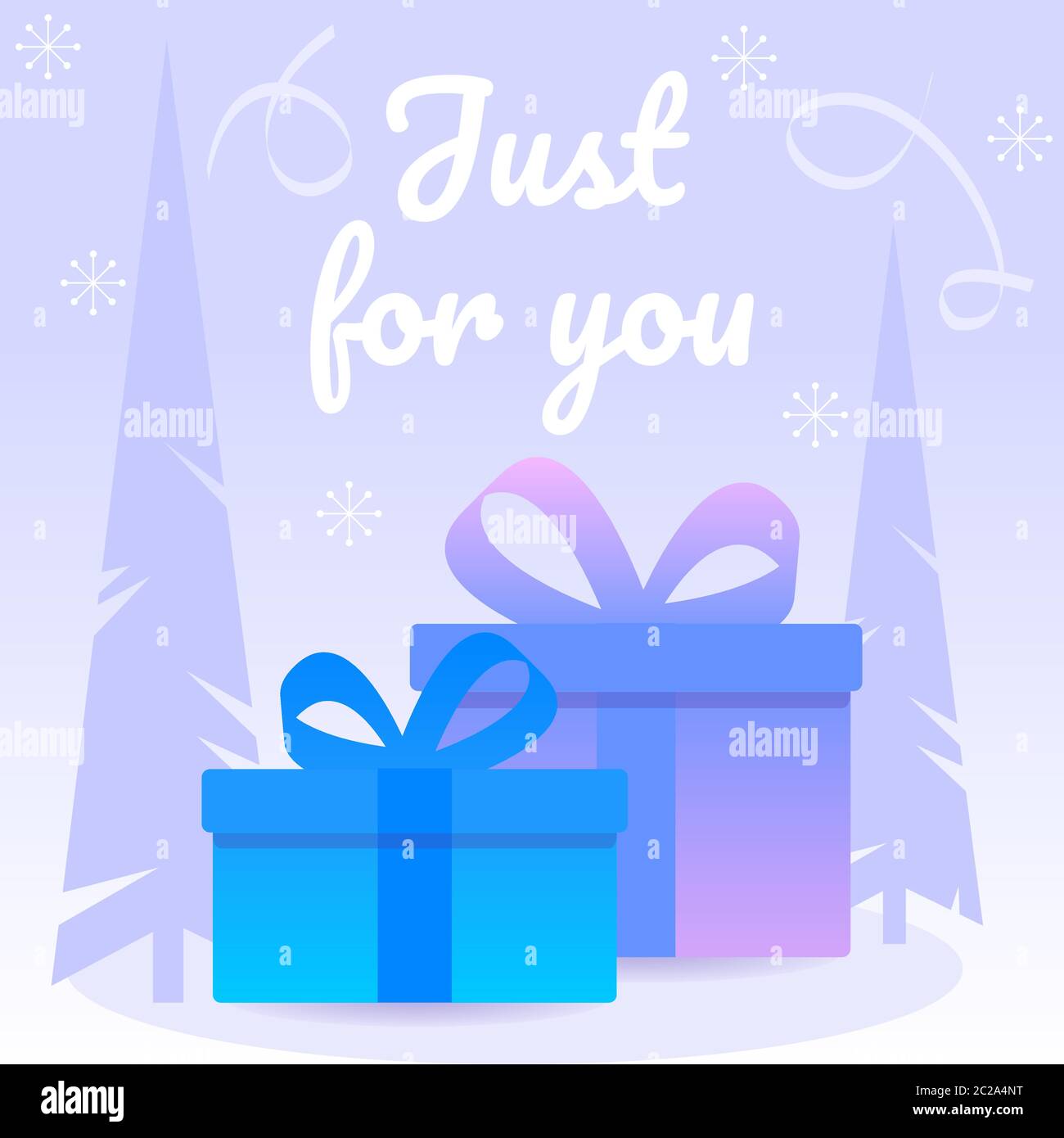 Decorative purple gift box with blue leafs and ribbons. Christmas card with box and eve. Stock Vector