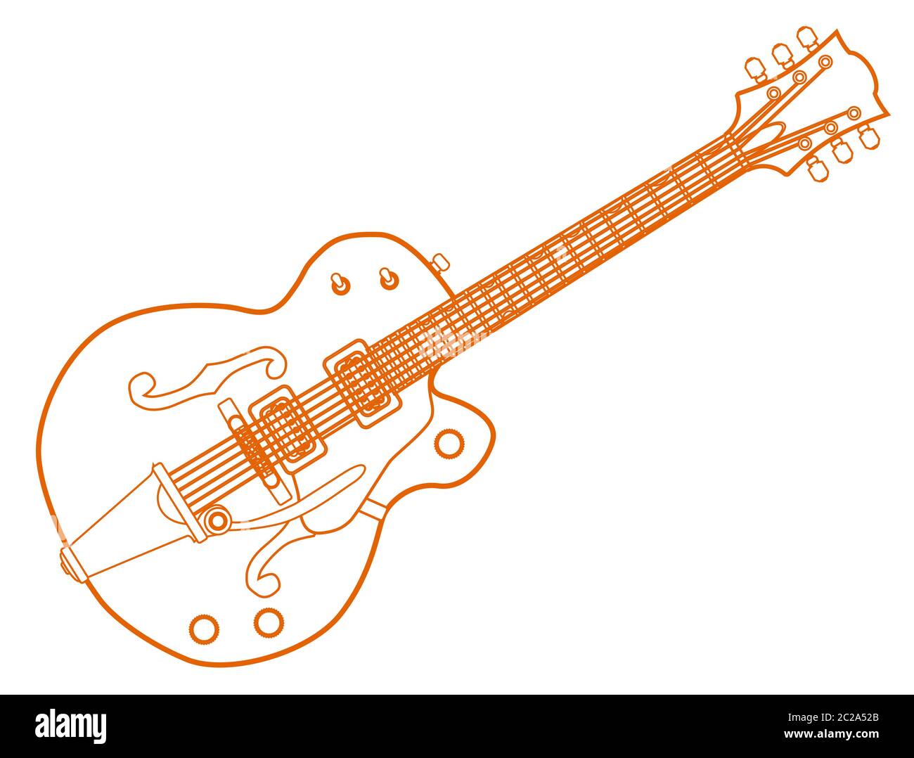A typical country and western guitar in orange white line over a white background Stock Photo