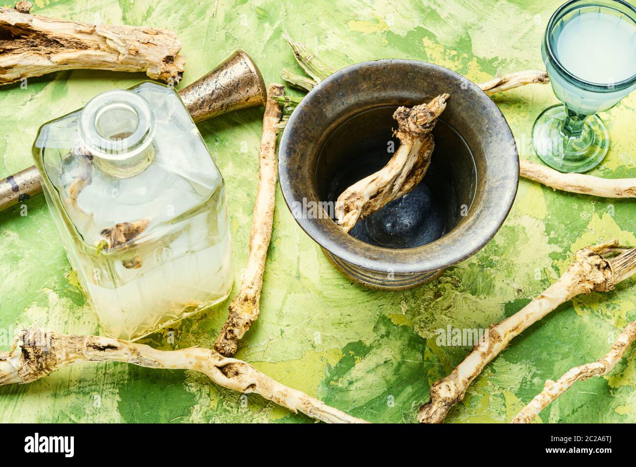 Preparation of alcohol tincture from fresh horseradish root Stock Photo