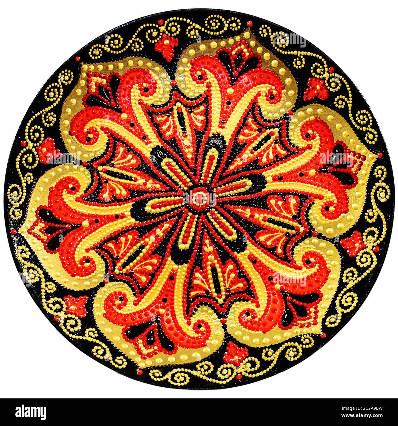 Decorative ceramic dish painted with a circular pattern, isolated on a