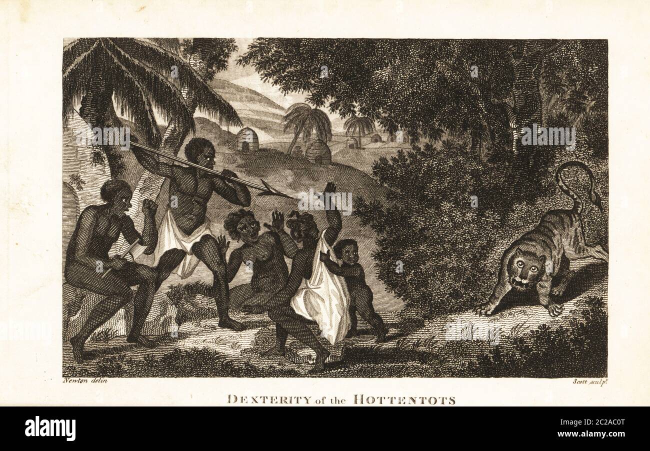 Khoisan men with assagai and ax protecting women and child from a tiger (not native to South Africa). Dexterity of the Hottentots. Copperplate engraving by J. Scott after an illustration by Richard Newton from The Sporting Magazine, or Monthly Calendar of the Transactions of the Turf and the Chace, John Wheble, London, 1796. Stock Photo