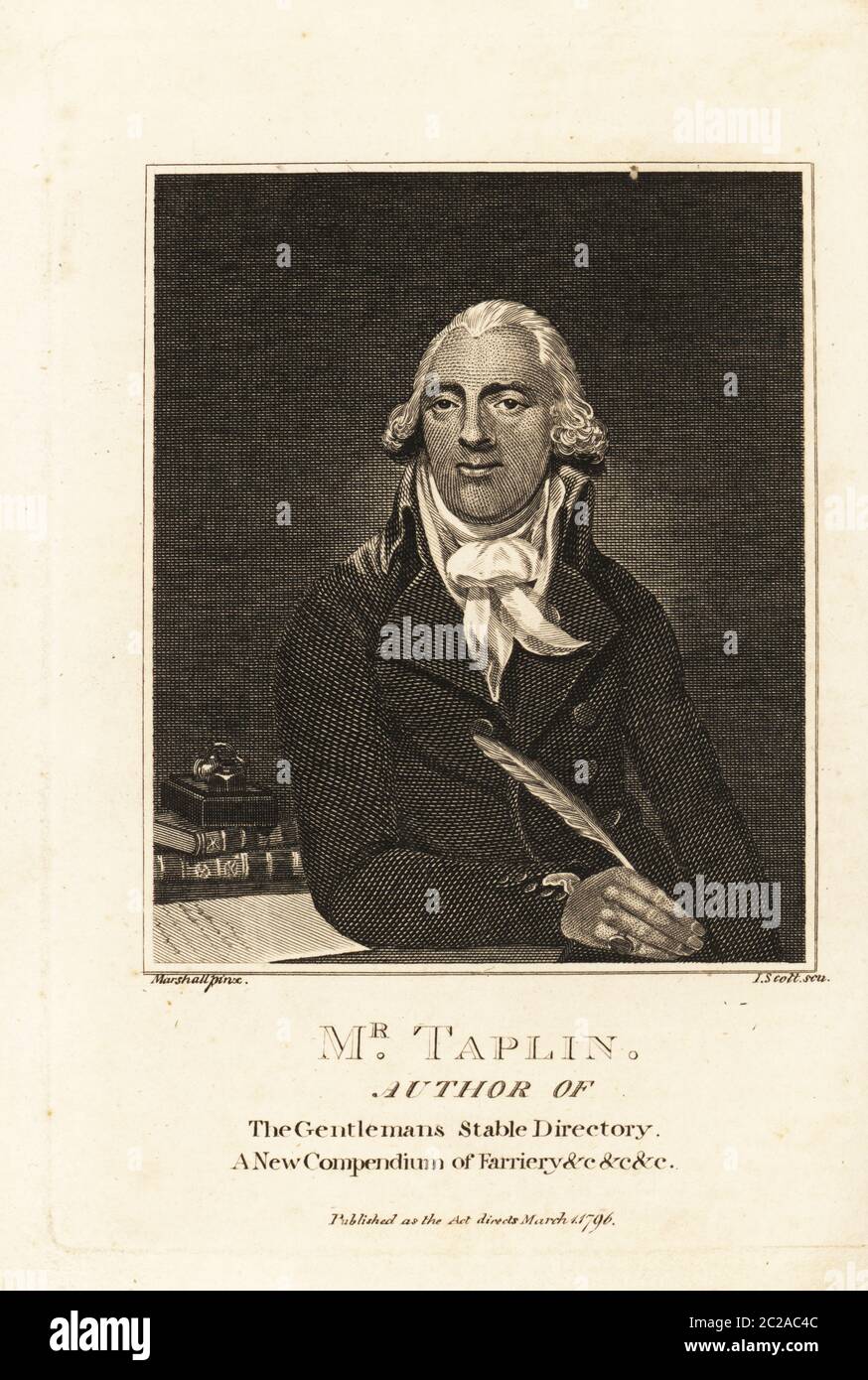 Portrait of William Taplin, author of The Gentleman’s Stable Directory, A New Compendium of Farriery, etc.  Taplin wrote about  equine veterinary medicine for the hunt, track and the road, 1740-1807. Copperplate engraving by J. Scott after a painting by Benjamin Marshall from The Sporting Magazine, or Monthly Calendar of the Transactions of the Turf and the Chace, John Wheble, London, 1796. Stock Photo