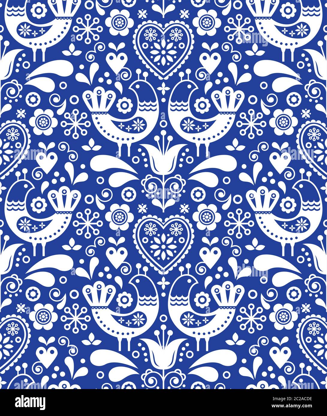 Scandinavian seamless folk art pattern with birds and flowers, Nordic floral design, retro background in white on navy blue Stock Vector