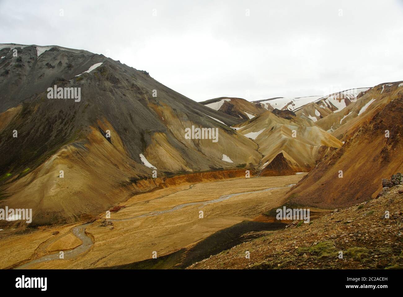 Cold summer morning and colored mountains Stock Photo