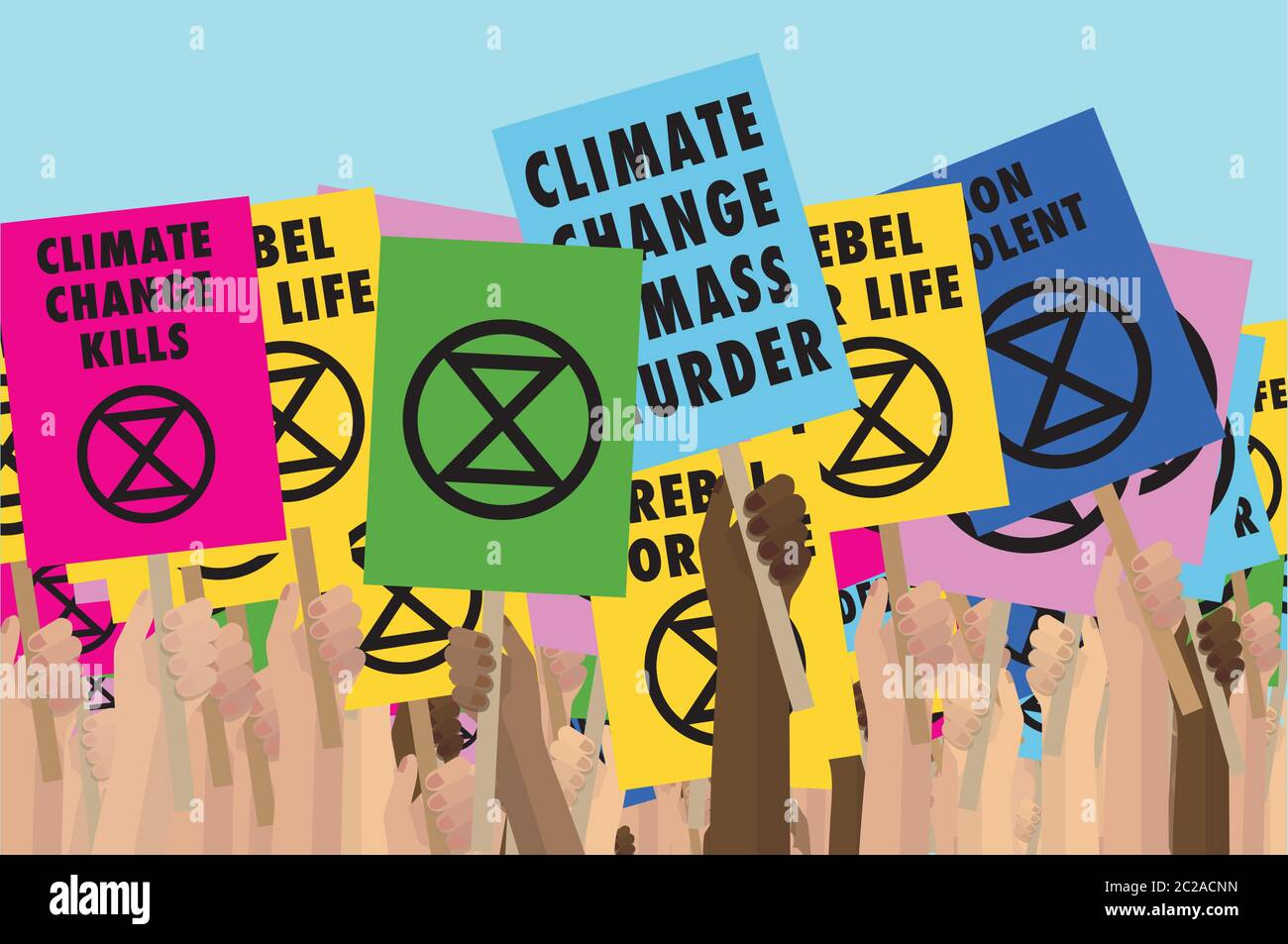 Vector of hands holding extinction rebellion climate change placards Stock Vector