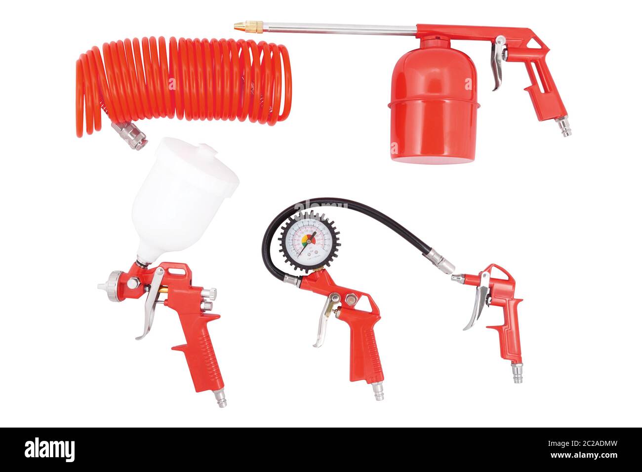 Tire inflator, air hose, spray gun, blow gun, sandblasting gun isolated