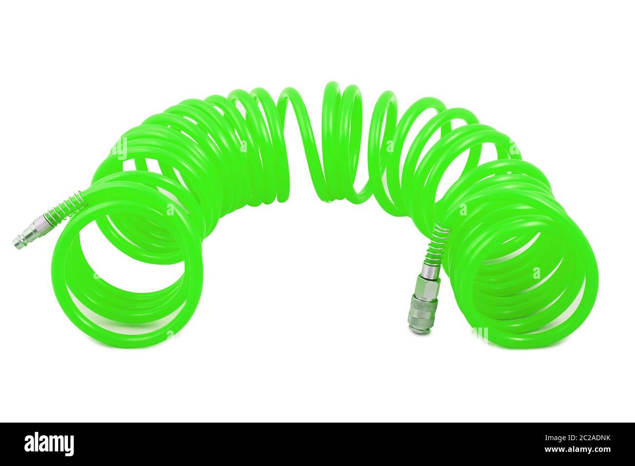 Green spiral air hose for compressor isolated on white background Stock
