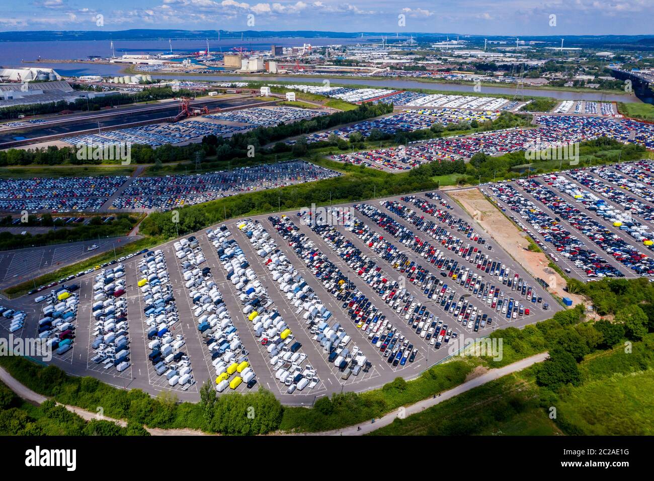 A general view of new cars parked at the Royal Portbury Dock in Avonmouth, Bristol Stock Photo