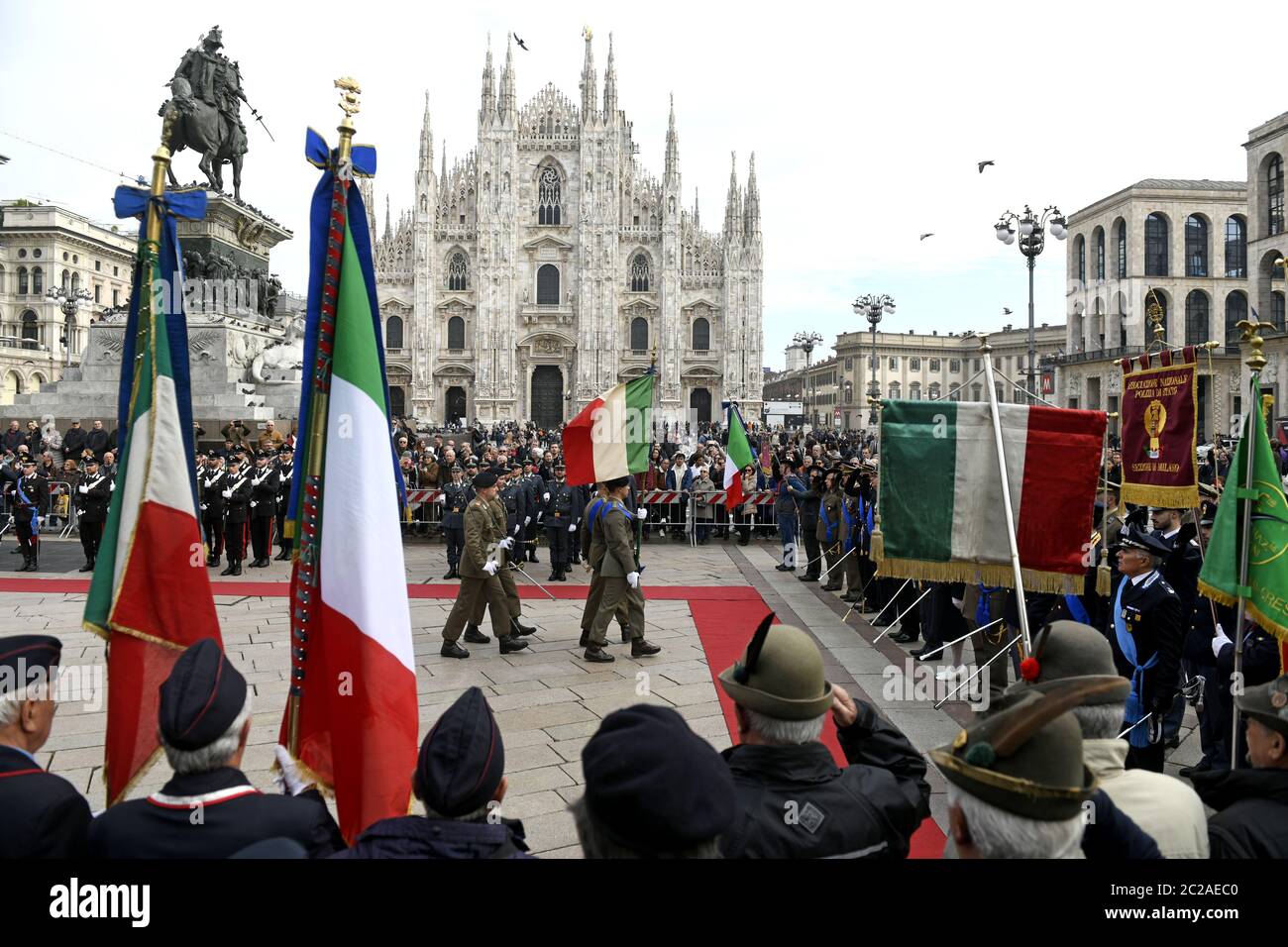 Italian military parade in Duomo square, for the celebrations of the National Unity and Armed Forces day, in Milan. Stock Photo