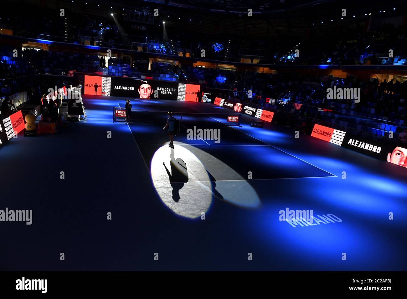 Digital scoreboard of the indoor tennis court, Allianz Arena; during the Next Gen ATP Finals, in Milan. Stock Photo