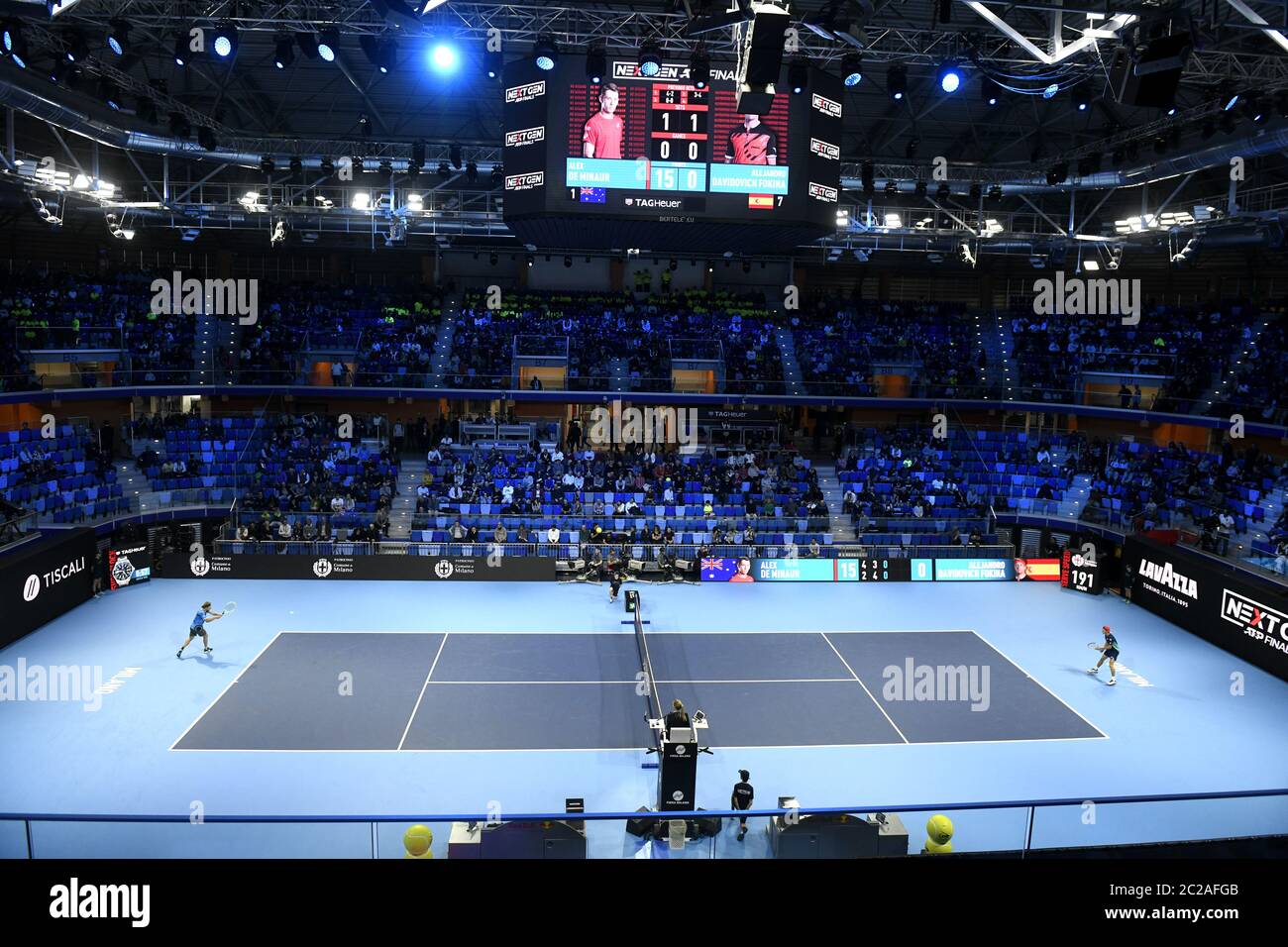 Indoor tennis court, during a tennis match of the Next Gen ATP Finals, in Milan. Stock Photo