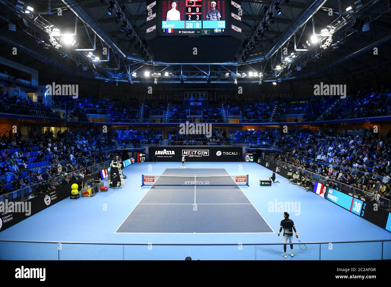 Indoor tennis court, during a tennis match of the Next Gen ATP Finals, in Milan. Stock Photo