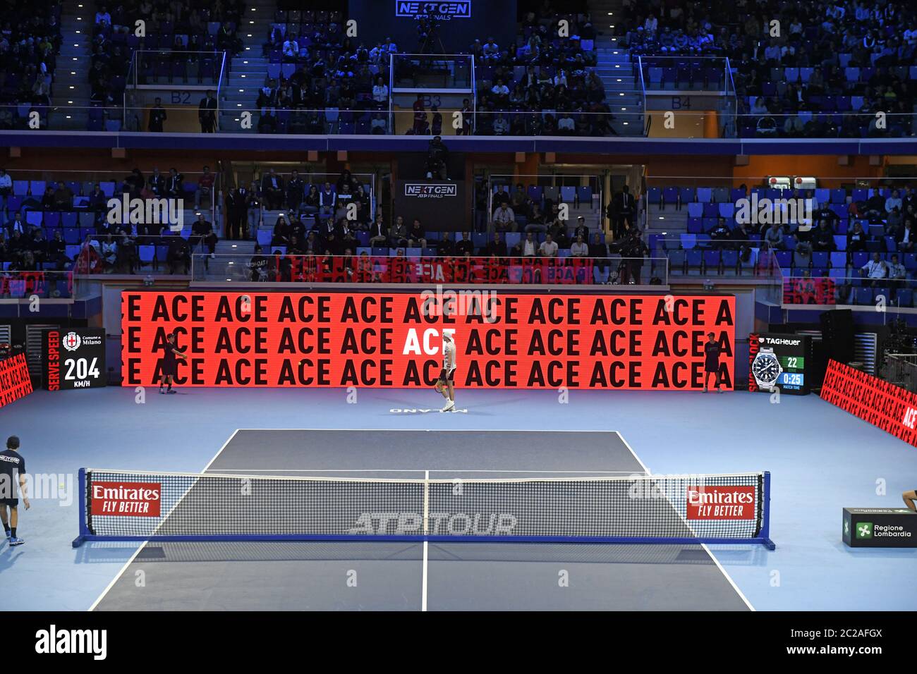 Digital scoreboard of the indoor tennis court, Allianz Arena; during the Next  Gen ATP Finals, in Milan Stock Photo - Alamy