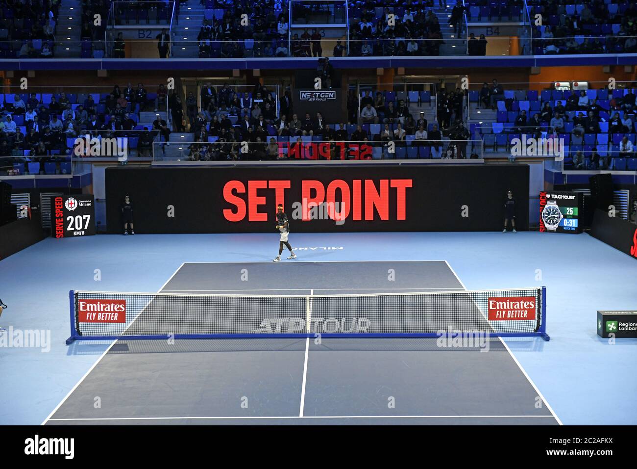 Digital scoreboard of the indoor tennis court, Allianz Arena; during the Next Gen ATP Finals, in Milan. Stock Photo