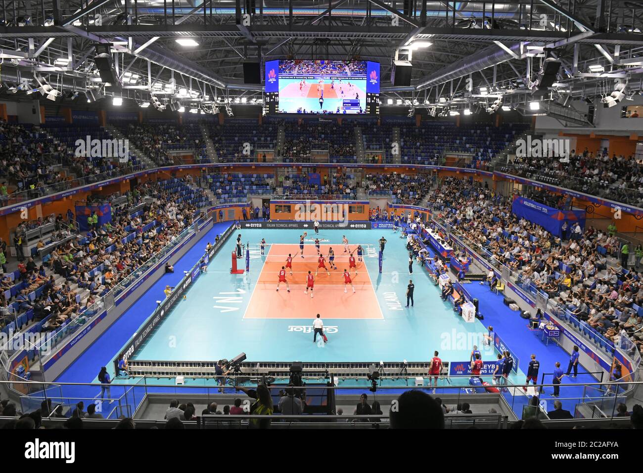 Panoramic top view of the indoor volleyball court, Allianz Cloud, during the international Volley Nations League match, Italy vs Serbia, in Milan. Stock Photo