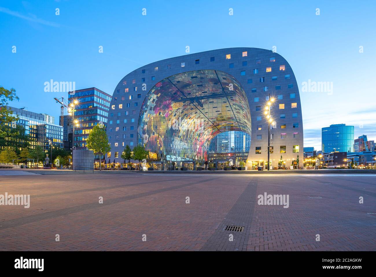 The Markthal at night in Rotterdam city, Netherlands. Stock Photo