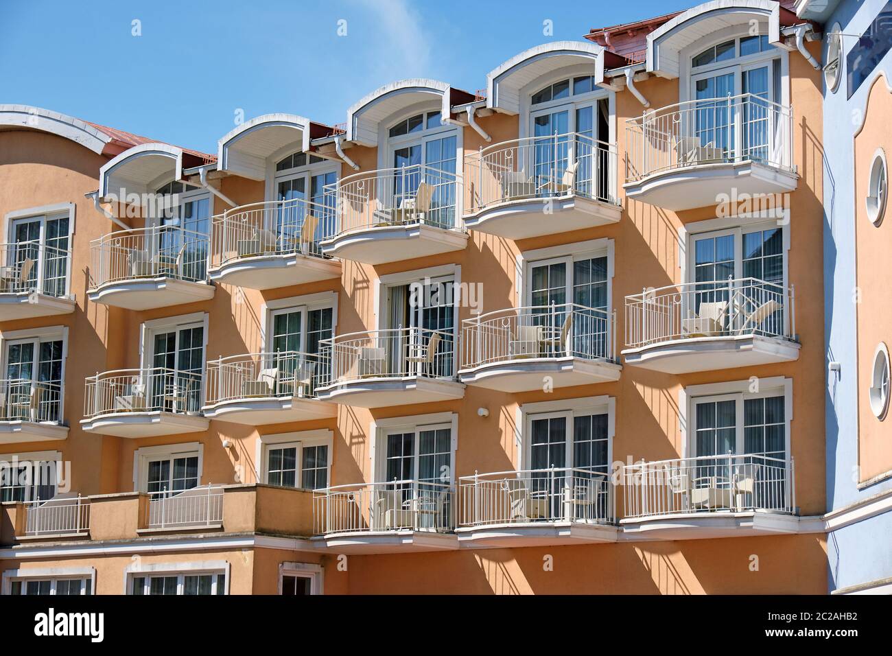 Balconies of a tourist hotel seen at the german Baltic Sea Stock Photo