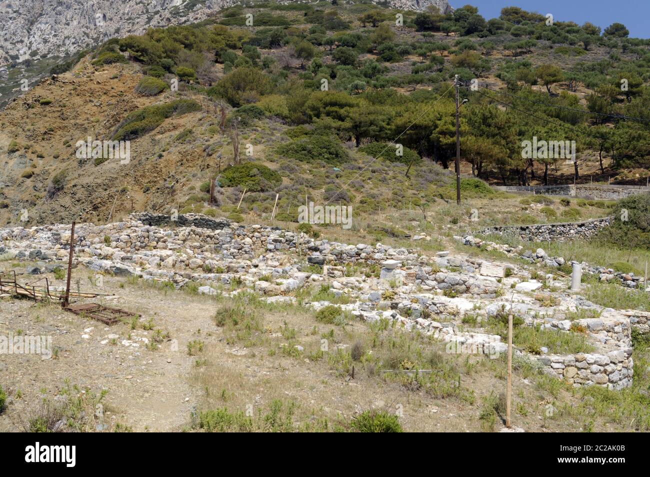 Now only the lowest part of the church and the floor of the 6th Century church of Aghia Triadha remain, Telendos Island, Kalymnos, Dodecanese islands, Stock Photo