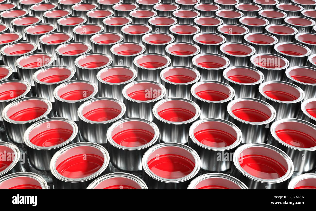 Many paint cans with red color Stock Photo