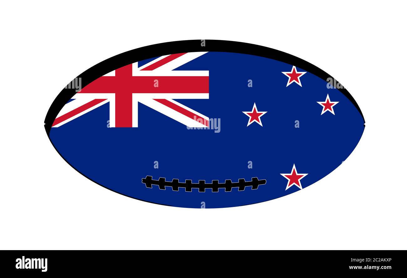 Flag of New Zealand inset into a typical rugby ball oval Stock Photo