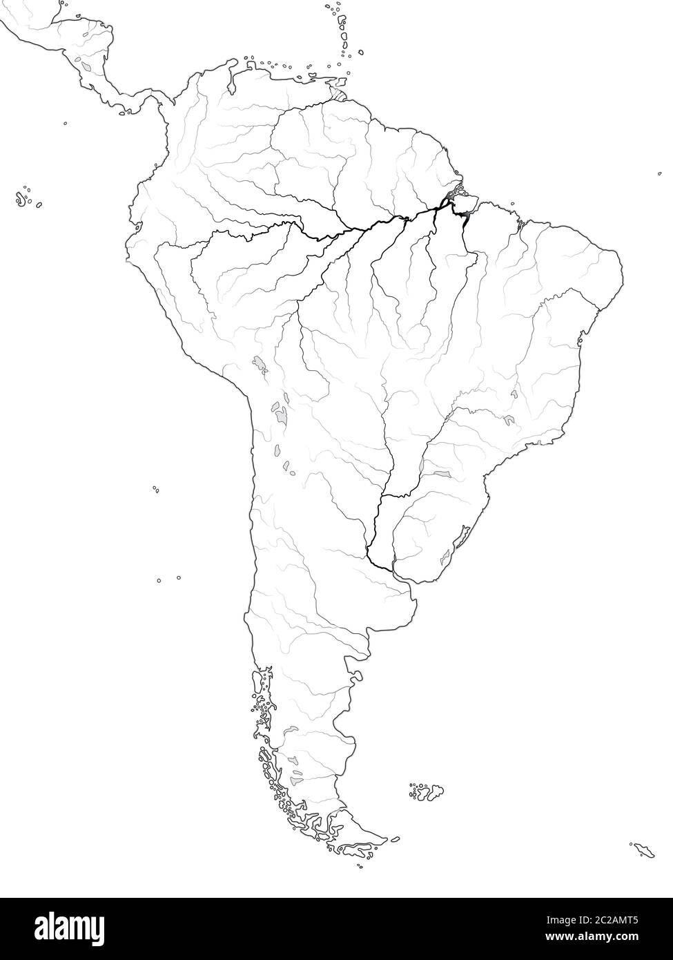 World Map of SOUTH AMERICA: Latin America, Argentina, Brazil, Peru, Patagonia, Amazon River. Geographic chart. Stock Photo