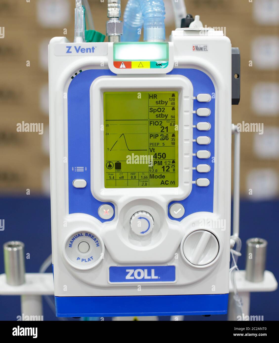 Bucharest, Romania - June 10, 2020: A Zoll portable mechanical medical ventilator on display during a press conference. Stock Photo
