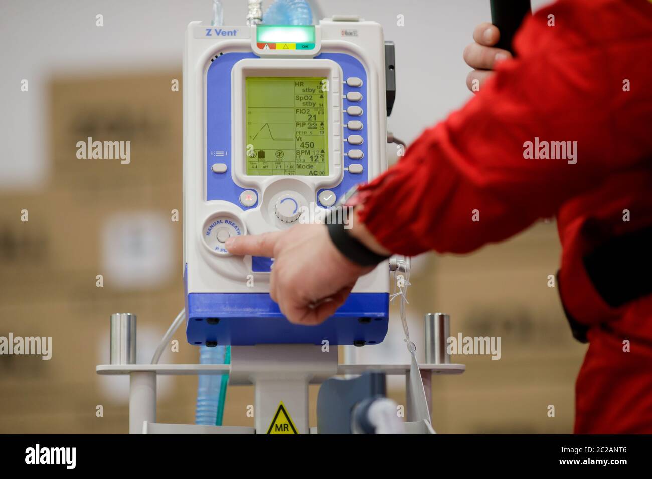 Bucharest, Romania - June 10, 2020: A Zoll portable mechanical medical ventilator on display during a press conference. Stock Photo