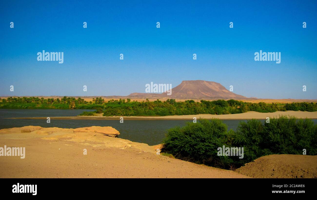 Panoramic landscape with the Nile river near Sai island , Kerma, Sudan Stock Photo