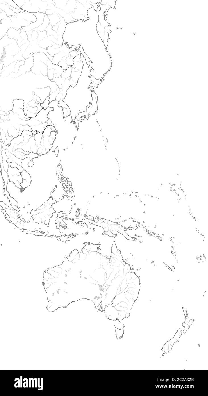 World Map of The PACIFIC OCEAN West coastline: Australasia, Polynesia (Asia-Pacific Region). Geographic chart. Stock Photo