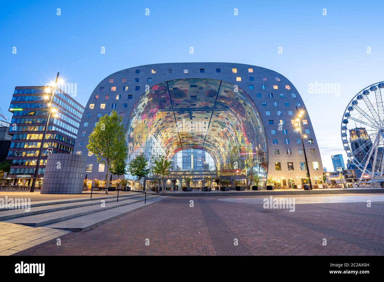The Markthal at night in Rotterdam city, Netherlands. Stock Photo