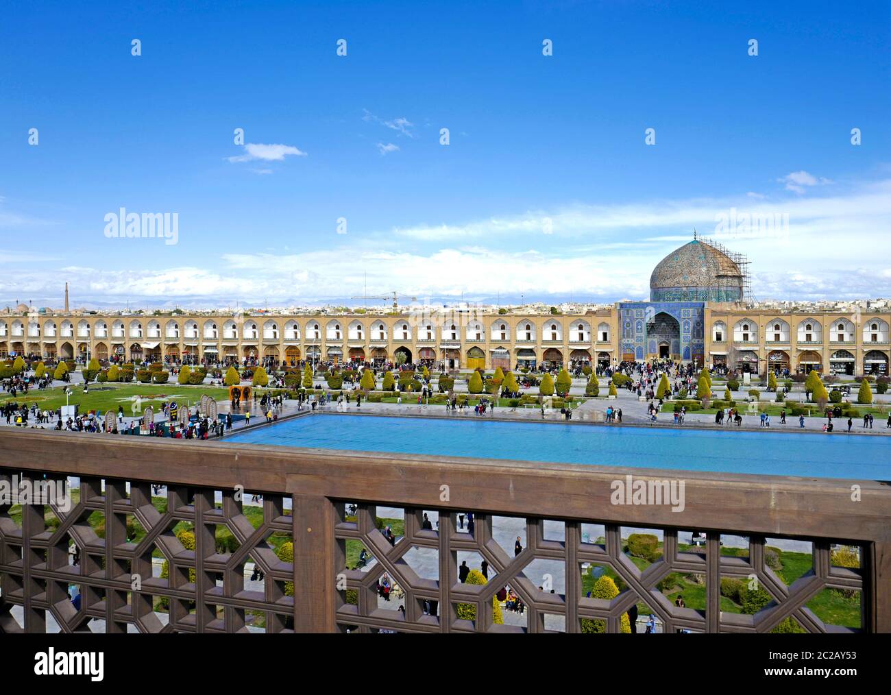 Panoramic view of Naqsh-e Jahan Square, with its fountain garden.Palace, in Esfahan, Iran Stock Photo