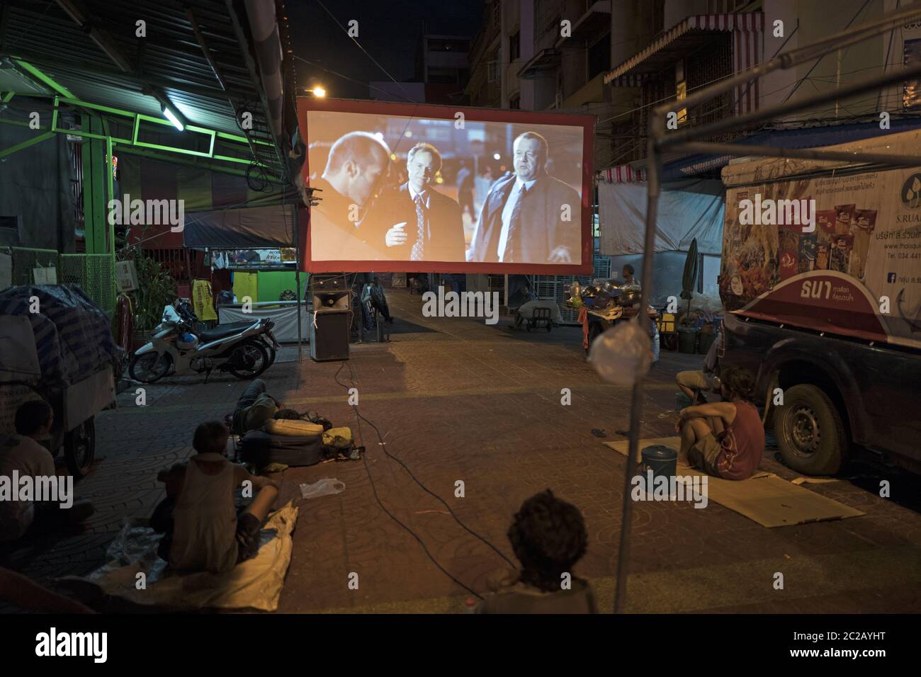 Outdoor movie theatre on the street, in Bangkok. Stock Photo