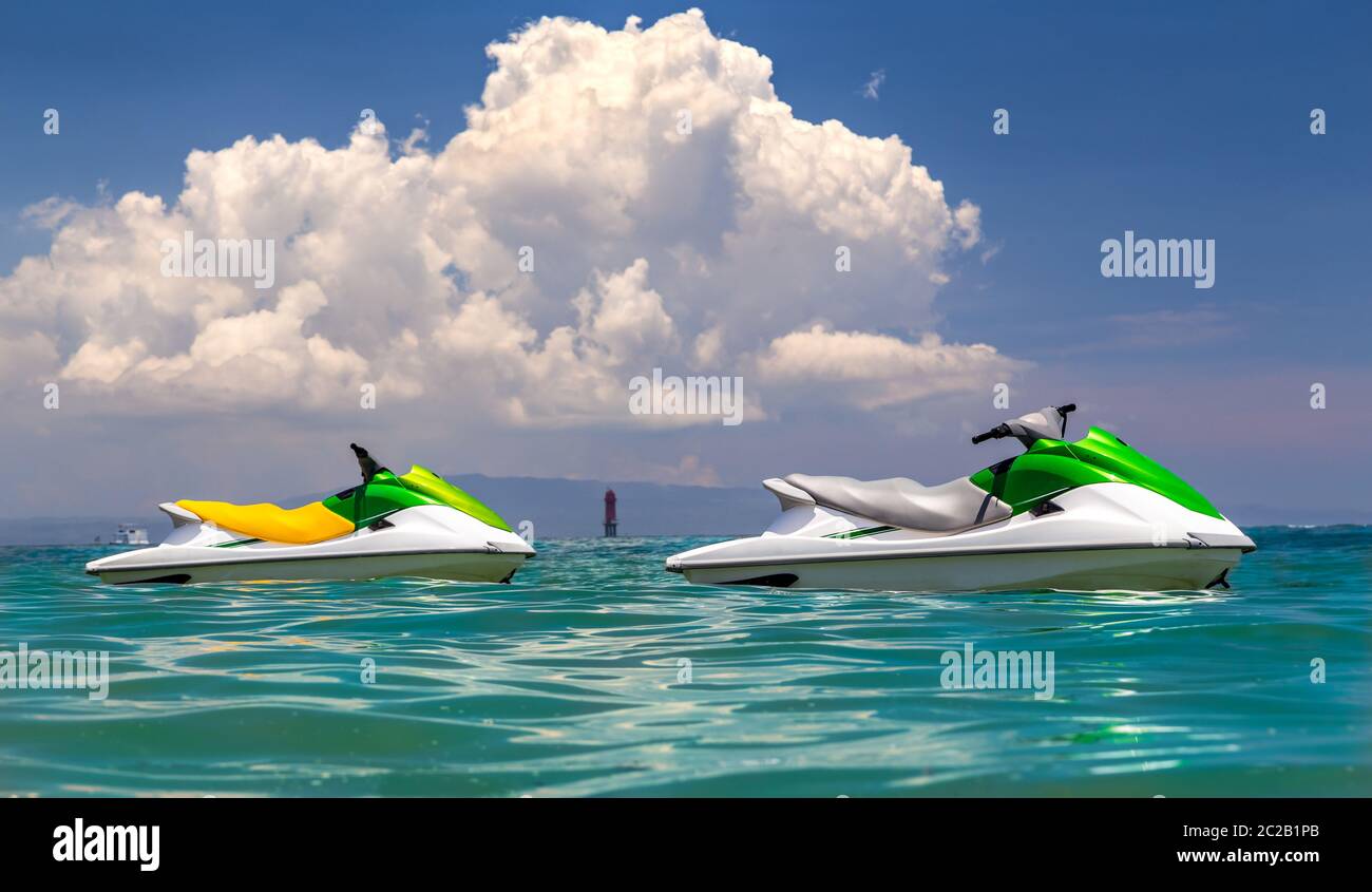 Jet ski - speed boats, extreme water sports and fun for active people. Stock Photo