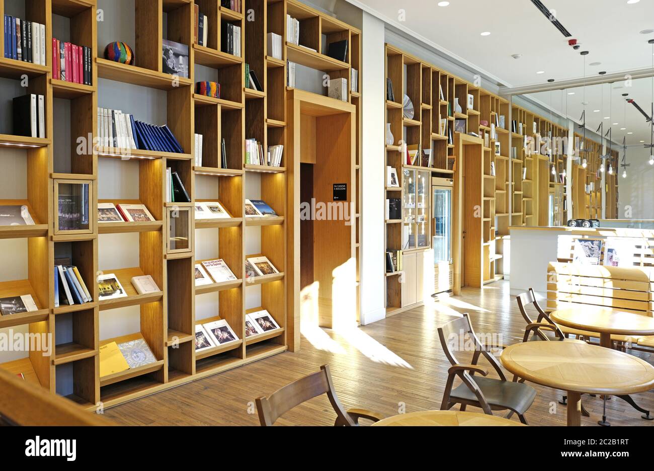 wooden library and cafeteria of the art gallery: Le Gallerie d'Italia,  in Milan., Italy. Stock Photo