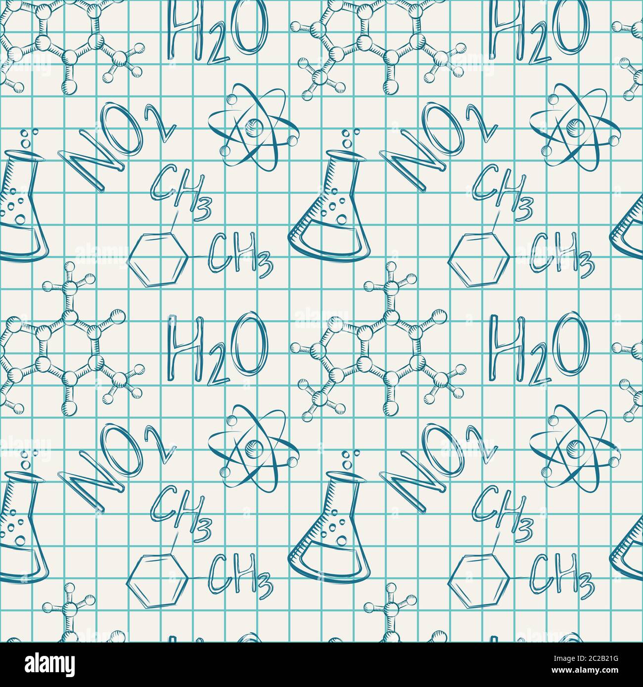 Science seamless pattern. Chemical drawings in a school notebook. Vector illustration. Stock Vector